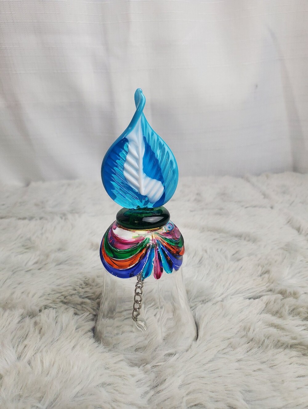 Vintage Murano Rainbow Fluted Glass Crown Bell Blue And White Leaf Finial